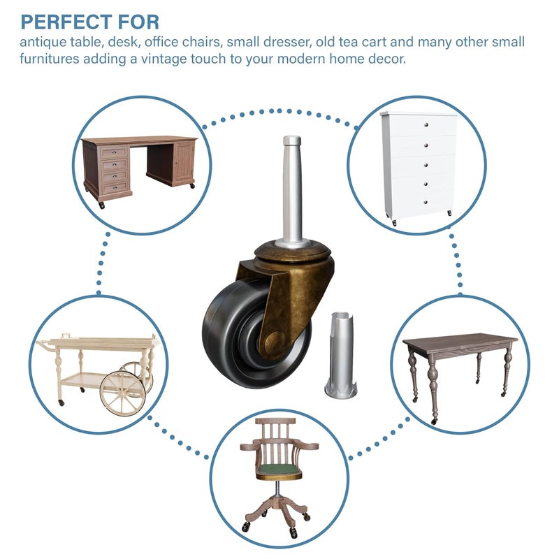 NATIKON Antique Brass Casters with Rubber Wheels 1-5/8" Stem Caster Replacement for Chairs, Sofa, Dresser | Vintage Furniture Rollers for Hardwood Floor Set of 4 - Image 4